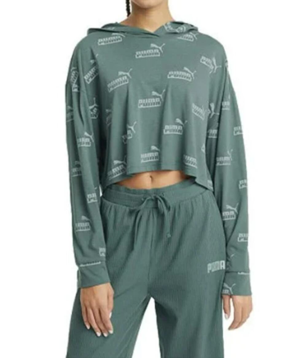 Puma Womens Plus 1X Amplified Blue Spruce Green Cropped Lightweight Hoodie Shirt